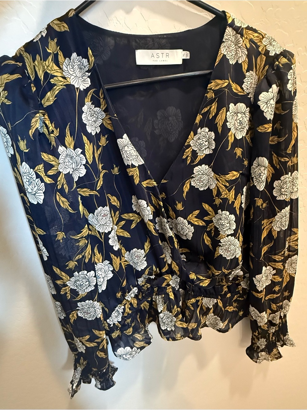 ASTR Navy Floral Wrap Top with White Blooms and Gold Leaves